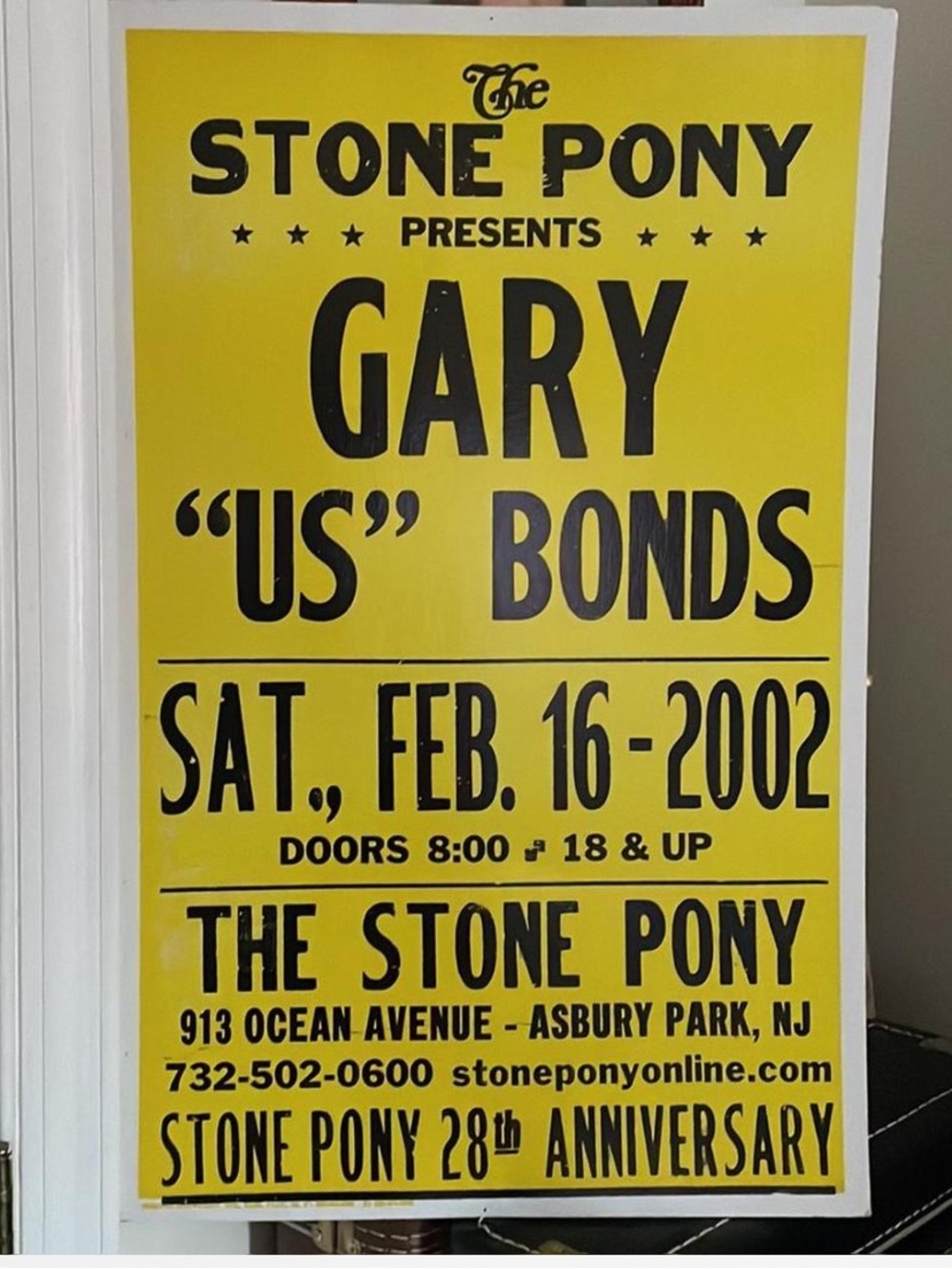 February 16, 2002 Gary "US" Bonds poster from The Stone Pony 28th. Anniversary